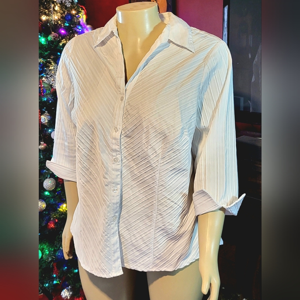 Dressbarn Classic White Subtle Pleated Button-Up Blouse